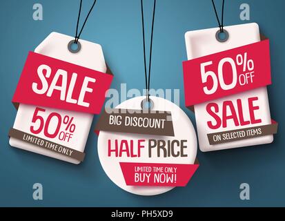 Papier schneiden Verkauf tags Vektor einrichten. Papier Preis tags mit roten Verkauf und Rabatt Text in verschiedenen Formen in den Hintergrund für Store hängend Stock Vektor