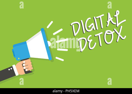 Handschrift text Digital Detox. Begriff Sinne frei von elektronischen Geräten trennen, um wieder Unplugged Mann mit Megaphon Lautsprecher green b Stockfoto