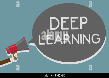 Schreiben Hinweis zeigen vertieftes Lernen. Business Foto hierarchische Abstraktionen zur Schau stellen künstliche Intelligenz Algorithmus Mann mit Megaphon lautspr Stockfoto