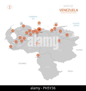 Stylized vector Venezuela Karte der großen Städte, die Hauptstadt Caracas, Verwaltungsaufbau und Landesgrenzen hinweg Stock Vektor