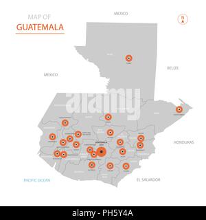 Stylized vector Guatemala Karte der großen Städte, der Hauptstadt Guatemala City, Verwaltungsaufbau und Landesgrenzen hinweg Stock Vektor