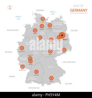 Stylized vector Deutschland Karte der großen Städte, die Hauptstadt Berlin, Verwaltungsaufbau und Landesgrenzen hinweg Stock Vektor