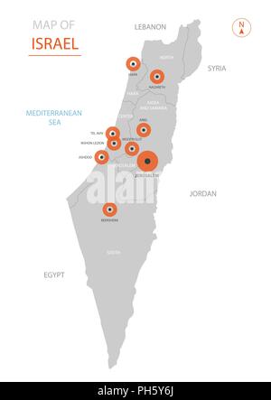 Stylized vector Israel Karte der großen Städte, die Hauptstadt Jerusalem, Verwaltungsaufbau und Landesgrenzen hinweg Stock Vektor