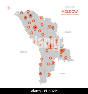 Stylized vector Moldau Karte der großen Städte, die Hauptstadt Chisinau, administrative divisions und Landesgrenzen hinweg Stock Vektor