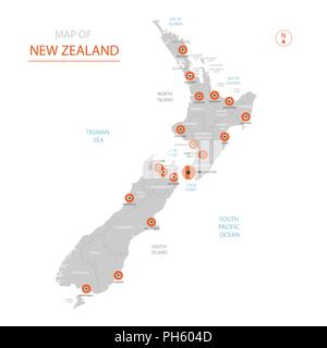 Stylized vector Neuseeland Karte der großen Städte, die Hauptstadt Wellington, administrative divisions. Stock Vektor