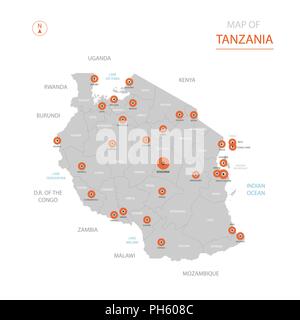 Stylized vector Tansania Karte der großen Städte, die Hauptstadt Dodoma, administrative divisions. Stock Vektor