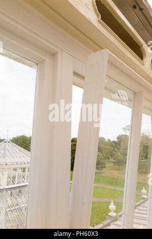 Neue Verglasung aus Holz / Holz / Holz Ersatz verglasten Fenstern in der restaurierten Viktorianischen gemäßigt Haus an der Royal Botanic Garden, Kew. London. Großbritannien Stockfoto