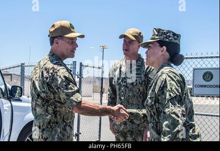 IMPERIAL BEACH, Calif (26. Juni 2018) Command Master Chief (CMDCM) Nicki Rios CMDCM der Küstengebiete Riverine Group (CRG) 1 grüsst Adm. John aquilino, Kommandeur der US-Pazifikflotte während seines Besuchs in Naval Outlying Landeplatz Imperial Beach. CRG stellt eine Kernkompetenz hohe benannten zu verteidigen-value Assets über die grün-blaue Wasser Umgebungen und liefert einsetzbare Adaptive Kraft Pakete (AFP) weltweit zu integrierten, gemeinsamen und kombinierte Theater. Stockfoto