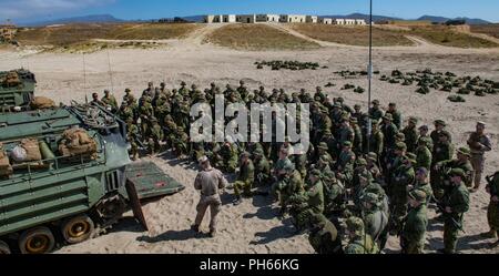 CAMP Pendleton, Calif (27. Juni 2018) - Mitglieder der Kanadischen 2. Bataillon Royal 22e Régiment Bravo Unternehmen hören während einer kurzen auf dem AAVP7A1 RAM/RS Angriff amphibischen Fahrzeugen während der Biennale der Pacific Rim (Rimpac) Übung am Roten Strand Training Bereich an Bord Camp Pendleton, Juni 27. 25 Nationen, mehr als 45 Schiffe und u-Boote, etwa 200 Flugzeugen und 25.000 Angestellte beteiligen sich an Rimpac vom 27. Juni bis 2. August in und um die hawaiischen Inseln und Südkalifornien. Die weltweit größte internationale maritime Übung RIMPAC bietet eine einzigartige Ausbildung Chancen Stockfoto