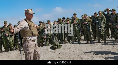 CAMP Pendleton, Calif (27. Juni 2018) - Staff Sergeant Steven Mathews des United States Marine Corps Schriftsatz Mitglieder der Kanadischen 2. Bataillon Royal 22e Régiment Bravo auf dem AAVP7A1 RAM/RS Angriff amphibischen Fahrzeugen während der Biennale der Pacific Rim (Rimpac) Übung am Roten Strand Training Bereich an Bord Camp Pendleton, 27. Juni, 2018. 25 Nationen, mehr als 45 Schiffe und u-Boote, etwa 200 Flugzeugen und 25.000 Angestellte beteiligen sich an Rimpac vom 27. Juni bis 2. August in und um die hawaiischen Inseln und Südkalifornien. Die weltweit größte internationale maritime Ex Stockfoto