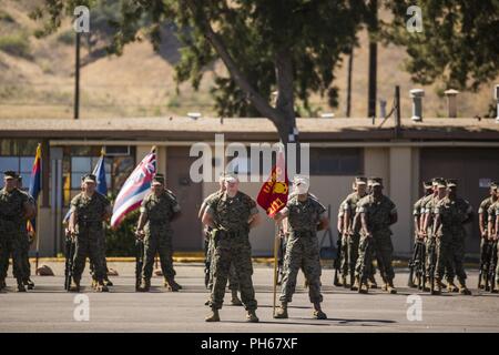 Us-Marines mit 2.Bataillon, 11 Marine Regiment, 1st Marine Division, stand auf der Parade Rest bei einem Befehl Zeremonie an der Marine Corps Base Camp Pendleton, Calif., 26. Juni 2018. Die Änderung des Befehls Zeremonie vertreten die offizielle Übergabe der Behörde aus dem offgoing Commander, lt Col Patrick F. Eldridge, der mit der eingehenden Kommandeur, Oberstleutnant Kaleb Hyatt. Stockfoto