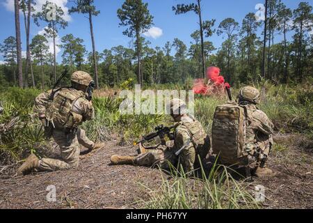 Flieger von der 820th Base Defense Group (BDG) ein Bereich Security Operations Demonstration durchzuführen, 25. Juni 2018, bei Moody Air Force Base, Ga Oberst Paul Birch, 93 d Air Ground Operations Wing (AGOW) Commander, tourte das BDG ein besseres Verständnis Ihrer gesamten Mission, die Pflichten und die umfassenden Fähigkeiten zu gewinnen. Vor der Einnahme der Befehl der 93 d AGOW, Birke war der Kommandant der 380. Expeditionary Operations bei Al Dhafra Air Base, Vereinigte Arabische Emirate. Stockfoto