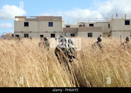 Us-Soldaten, die von einem Unternehmen, 1.BATAILLON, 293 Infanterie Regiment, 76th Infantry Brigade Combat Team, Indiana National Guard, in Richtung Rasberry Creek US-Marines und Australische Soldaten in Clearing das Dorf Juni 23 zu verbinden. Das Szenario war Teil der Übung Hamel in der Shoalwater Bay, Australien. Stockfoto