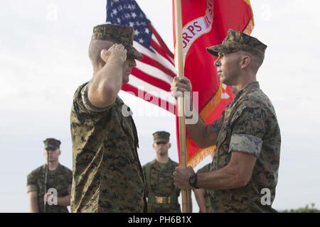 MARINE CORPS AIR STATION FUTENMA, Okinawa, Japan - Sgt. Maj. James Kappen grüßt Oberst David Steele, wie er die Farben erhält 21. Juni auf der Marine Corps Air Station Futenma, Okinawa, Japan. Steele wurde von der Position des kommandierenden Offizier der Marine Corps Air Station Futenma ernannt. Steele graduierte von der George Mason University in Fairfax, Virginia. Stockfoto