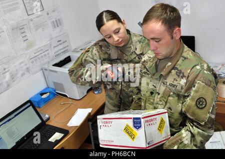 Spc. Sara McDowell und SPC. Michael McCarthy, Post Sekretärinnen der 444th Human Resources Firma, 16 Spezielle Truppen Bataillon, 16 Sustainment Brigade, 13 Theater Sustainment Command zugeordnet, ein ankommendes Paket für Verarbeitung, Zagan, Polen, 26. Juni 2018. Soldaten mit der 444Th HRC arbeiten Post Unterstützung für Soldaten und Zivilisten innerhalb der Atlantischen Bereich Beheben von Operationen zur Verfügung zu stellen. Stockfoto