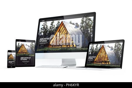 Mobilität Geräte mit Architekten website Responsive Designs auf dem Bildschirm isoliert. 3D-Rendering. Stockfoto
