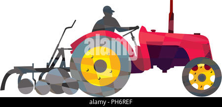 Landwirt fahren Vintage Bauernhof Traktor niedrige Polygon Stockfoto