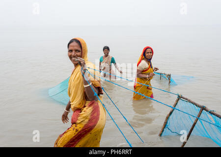 Shripm Larven Fänger im Fluss, pasur Dakop, Khulna, Bangladesh Stockfoto