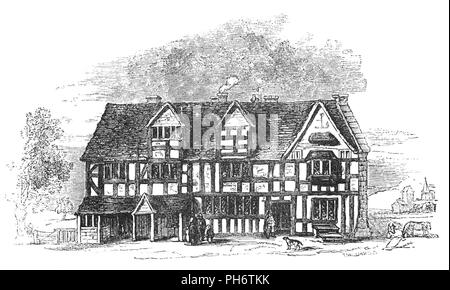 John Shakespeares Tudor House kaufte im Jahre 1556 in der Henley Street, Stratford-upon-Avon, Warwickshire, England, es ist das Haus, in dem William Shakespeare und seine Brüder und Schwestern erzogen wurden. In einem typischen Tudor House das Gewicht des Hauses wurde auf einem hölzernen Rahmen durchgeführt. Der Raum zwischen den Holzbalken wurde in entweder mit Ziegel- oder Gips gefüllt. Ziegel war teuer, also Gips als Füllung zwischen den Balken in kleineren Häusern verwendet wurde. Der Gips wird die weiß getünchten Häuser, die ihren charakteristischen schwarz-weißen Aussehen. Stockfoto
