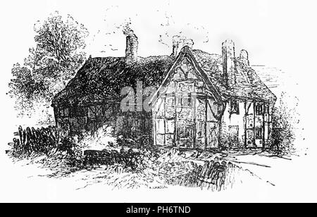 Eine Tudor House in Charlcote, in der Nähe von Stratford-upon-Avon, Warwickshire, England. In einem typischen Tudor House das Gewicht des Hauses wurde auf einem hölzernen Rahmen durchgeführt. Der Raum zwischen den Holzbalken wurde in entweder mit Ziegel- oder Gips gefüllt. Ziegel war teuer, also Gips als Füllung zwischen den Balken in kleineren Häusern verwendet wurde. Der Gips wird die weiß getünchten Häuser, die ihren charakteristischen schwarz-weißen Aussehen. Stockfoto