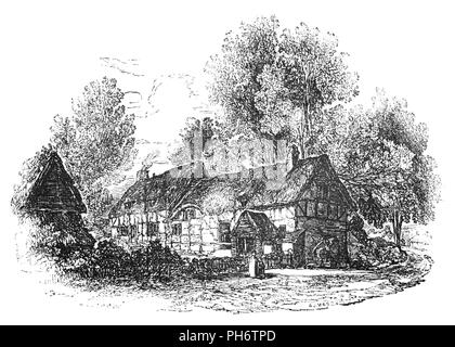 Anne Hathaway's Fachwerk (auch als Fachwerk) Cottage ist, wo Anne Hathaway, der Frau von William Shakespeare, als Kind im Dorf Shottery, Warwickshire, England lebte, ungefähr eine Meile entfernt von Stratford-upon-Avon. Es war, als Hewlands Farm in Shakespeares Tag bekannt, und sie nennen es ein Cottage ist wirklich irreführend, da es viel größer ist als der Begriff bedeutet in der Regel. Der älteste Teil des Hauses wurde vor dem 15. jahrhundert erbaut; der höhere Teil ist aus dem 17. Jahrhundert. Stockfoto