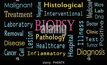 Biopsie Konzept word Cloud auf schwarzem Hintergrund. Stockfoto