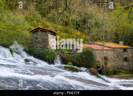 Wasserfall und alten Wassermühlen in Galizien, Spanien. Naturpark Barosa Fluss Stockfoto