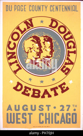 Plakat für eine Wiederinkraftsetzung des Lincoln-Douglas Debatte an der DuPage County Centennial gehalten zu werden, die Büste Porträts von Abraham Lincoln und Stephen Douglas. Stockfoto