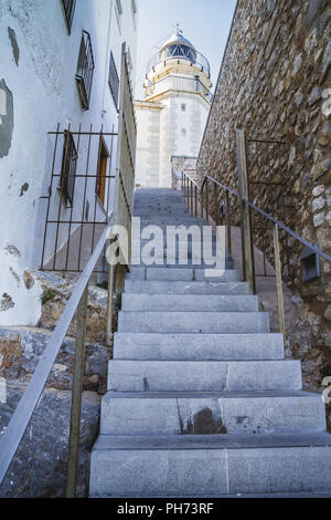 Leuchtturm Penyscola Aussicht, schöne Stadt Valencia in Spanien Stockfoto