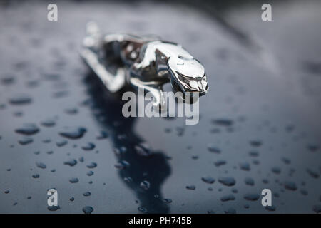 Warschau, Polen - 25. August 2018: Kühlerfigur (Springen) auf einem Jaguar Jaguar. . Gegründet 1922 Jaguar ist eine britische Luxus-PKW-Hersteller Stockfoto