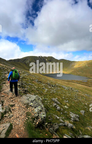 Spaziergänger auf Schreitenden Kante Grat auf dem Weg zum Helvellyn fiel, Nationalpark Lake District, Cumbria, England, UK schreitenden Kante ist eine klassische Note 1 scr Stockfoto