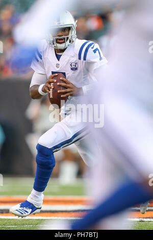 Cincinnati, Ohio, USA. 30. August 2018: die Indianapolis Colts quarterback Jacoby Brissett (7) kriecht und sucht nach einem offenen Empfänger in einem Spiel zwischen den Indianapolis Colts und den Cincinnati Bengals an Paul Brown Stadium in Cincinnati, OH. Adam Lacy/CSM Credit: Cal Sport Media/Alamy leben Nachrichten Stockfoto