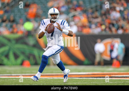 Cincinnati, Ohio, USA. 30. August 2018: die Indianapolis Colts quarterback Jacoby Brissett (7) kriecht und sucht nach einem offenen Empfänger in einem Spiel zwischen den Indianapolis Colts und den Cincinnati Bengals an Paul Brown Stadium in Cincinnati, OH. Adam Lacy/CSM Credit: Cal Sport Media/Alamy leben Nachrichten Stockfoto