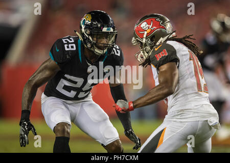 Tampa, Florida, USA. 30 Aug, 2018. Jacksonville Jaguars Defensive zurück Sammy Seamster (29) sieht gegen Tampa Bay Buccaneers wide receiver Donteea Farbstoff jr. bei Raymond James Stadium am Donnerstag, 30. August 2018 in Tampa, Florida zu verteidigen. Credit: Travis Pendergrass/ZUMA Draht/Alamy leben Nachrichten Stockfoto