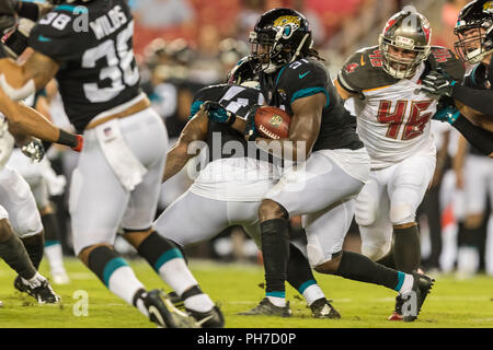 Tampa, Florida, USA. 30 Aug, 2018. Jacksonville Jaguars cornerback Jalen Myrick (31) trägt den Ball im Spiel gegen die Tampa Bay Buccaneers bei Raymond James Stadium am Donnerstag, 30. August 2018 in Tampa, Florida. Credit: Travis Pendergrass/ZUMA Draht/Alamy leben Nachrichten Stockfoto