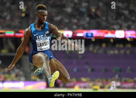 Eingereicht - 05. August 2017, Großbritannien, London: Leichtathletik: Leichtathletik-WM im Olympiastadion. Jarrion Lawson aus den USA in der Tätigkeit in der langen gingen auch die letzten. Der amerikanische sprinter und lange Brücke Jarrion Lawson hat für die Zeit nach einem positiven Dopingtest suspendiert worden. Der 24-jährige WM-Zweite von 2017 positiv getestet worden war für das anabole Steroid Trenbolonacetat, der unabhängige Integrität Kommission der World Athletics Federation (AIU) am Freitag (31.08.2018). (Auf dpa-Nachrichten: "Nach dem positiven Dopingtest: Lange-Jumper Lawson unterbrochen' Stockfoto