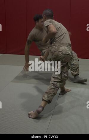 CAMP FOSTER, Okinawa, Japan - Soldaten üben Techniken während der Marine Corps Martial Arts Programm Juni 28 bei der Gunner Fitnessraum an Bord Camp Foster, Okinawa, Japan. MCMAP ist eine Waffe-System, Ausrüstung, körperlichen Herausforderungen und Taktik auf der modernen Schlachtfeld gefunden integriert. Für Marines, MCMAP ist ein wesentlicher Teil des Marine Corps, da alle rekruten haben eine tan Riemen zu Absolvent Boot Camp zu sein. Für andere Branchen ist es eine neue Erfahrung, die sich von dem unterscheidet, was Sie in der Regel angeboten werden. Stockfoto