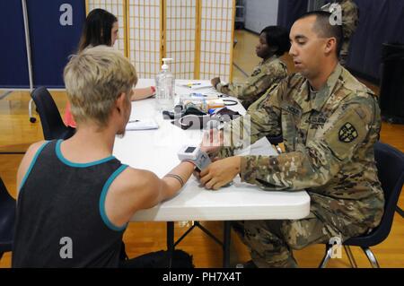 Spc. Travis Nolin (rechts) und Sgt. Imelda Daria (links), combat Medics zu 7215Th Medizinischer Support Unit in St. Louis, Missouri, nehmen Vitalparameter für den Aufenthalt während der innovativen Readiness Training (IRT) Übung Südosten Illinois Wellness. Dienstleistungen, die von militärischen Personal zur Verfügung gestellt werden durch die Abteilung der innovativen Verteidigung Readiness Training, eine zivil-militärische Programm, das für beide Seiten vorteilhafte Partnerschaften zwischen US-Gemeinschaften und der DoD-baut. Die Missionen ausgewählt treffen Ausbildung & Eignung Anforderungen für Armee finden Service Mitglieder während der Integration als gemeinsame Stockfoto