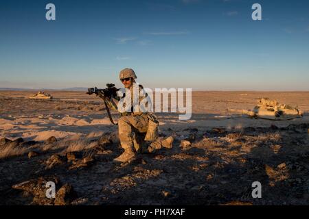 SSG Dustin Schwarz, ein infanterist von B1-163, Montana, Army National Guard, bereitet eine defensive Position als Teil eines Unternehmens für die Bereiche Verteidigung, während eine exportierbare Kampftraining Fähigkeit Rotation an der Orchard Combat Training Center, südlich von Boise, Idaho, 22. Juni 2018. Soldaten, die in den 116 Kavallerie Brigade Combat Team in ihrem xCTC Rotation an OCTC in Vorbereitung für seine National Training Center Rotation im Juni 2019. Mehr als 3.000 Soldaten aus mindestens fünf Army National Guard, der U.S. Army, der U.S. Army Reserve und der Britischen Armee finden 10 Stockfoto