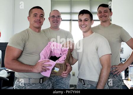 Kraftstoffe Spezialisten für die 167 Airlift Wing, Flieger 1. Klasse Zachary Langhorne, Master Sgt. Christopher Whiteside, Staff Sgt. Phillip Wingerd und Flieger 1. Klasse Andrew Stover Anzeige eine Box mit vier Kätzchen, die in einer Schlauchhaspel einer Betankung Lkw gefunden wurden, während die Lkw-Betankung eine C-17 Globemaster Flugzeug wurde an der Martinsburg, W. Virginia Air Base, 19. Juni 2018. Die Kätzchen schließlich gefunden Wohnungen mit 167 AW Flieger. Stockfoto