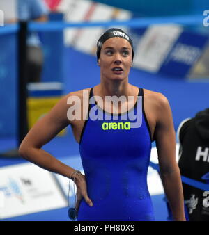 Budapest, Ungarn - 28.Juli 2017. Wettbewerbsfähige Schwimmer PANZIERA Margherita (ITA) Schwimmen 200 m Ruecken. FINA Schwimm-WM Vorläufige Stockfoto