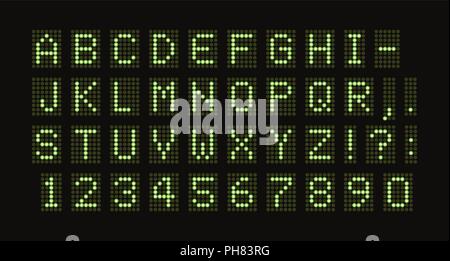 Vektor gepunktete Schriftart für digitale LED-Tabelle. Grüne monospace Briefe von grünes Licht kreisen. Digitale Anzeigetafel Template Stock Vektor