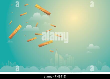 Geld von oben herabfallende Himmel zu Stadt. Vector Illustration. Regen aus der goldenen Münzen Stock Vektor