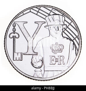 Britische 10p Münze (Rückwärts) von 2018 "Alphabet" Serie, feiern Britishness. Y-Yeoman Warder (Beefeater) Stockfoto