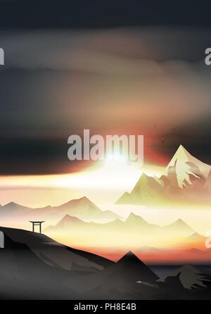 Japanische Landschaft mit Bergen und Bogen Sonnenuntergang mit Nebel - Vektor-Illustration Stock Vektor