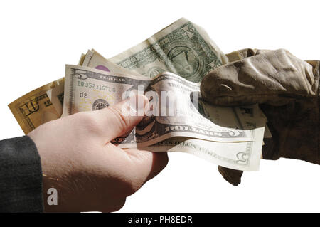 Unternehmer Arbeitnehmer mit Dollar Banknoten. Stockfoto