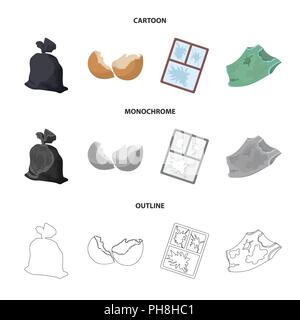 Einen Müllsack, eine zerbrochene Eierschale, einer zerrissenen schmutziges T-Shirt, ein kaputtes Fenster Rahmen mit Glas. Müll und Abfall set Sammlung Icons im Cartoon, Outline, mo Stock Vektor