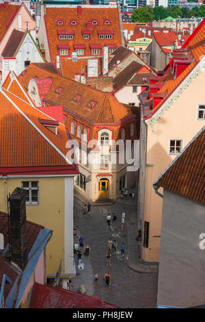 Tallinn Straße, Blick über die Dächer von Orange in Richtung einer engen Straße in der mittelalterlichen Altstadt von Tallinn, Estland. Stockfoto