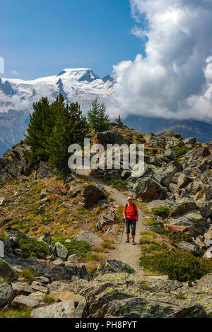 Einzelnen weiblichen Wanderer in Rot, auf Trail, Sommer im Nationalpark Hohe Saas, Hohsaa, Kabel-Auto oberhalb Saas Grund, Schweiz, Schweizer Alpen, Stockfoto