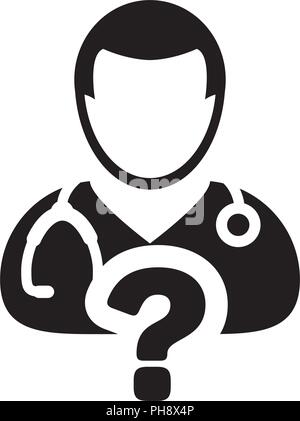 Arzt Symbol Vektor männliche Person Profil Avatar mit Frage Symbol für medizinische Beratung in Glyph Piktogramm Abbildung Stock Vektor